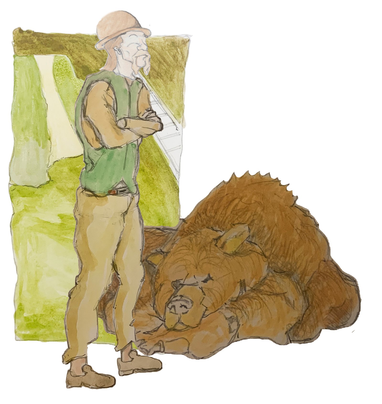 Hulton standing with arms crossed as Bosco the bear sits down for a nap.